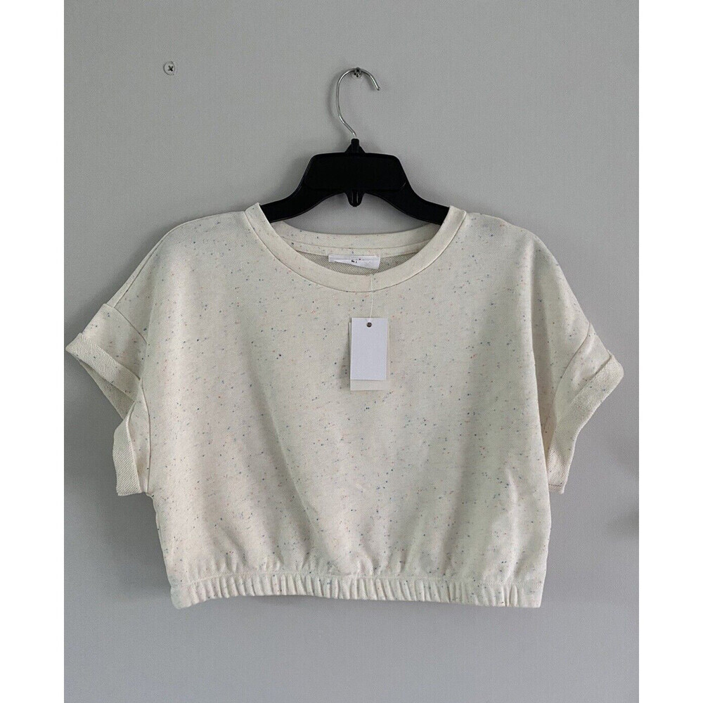 Elodie women's Confetti Crop Knit Sweater short sleeve crew neck in Ecru Size L
